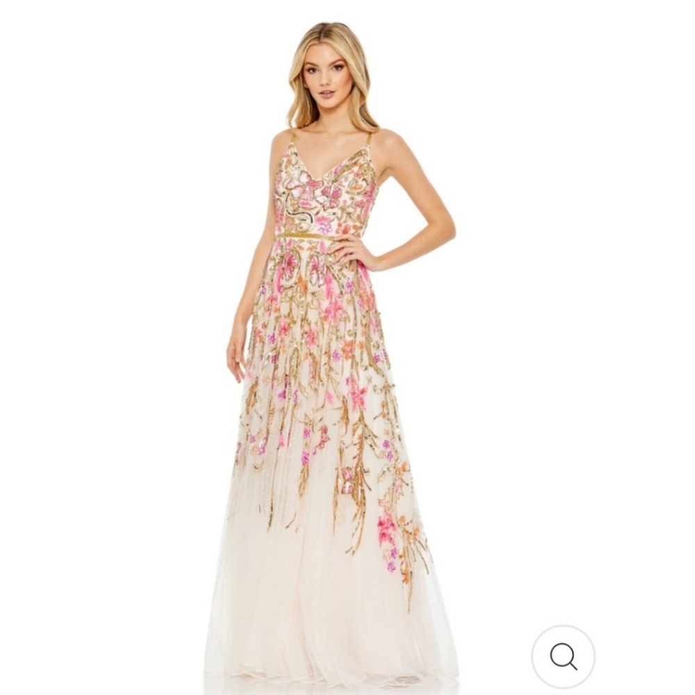 Mac Duggal V NECK FLORAL sequin / beaded GOWN, Size 4, Oyster Multi, #5671